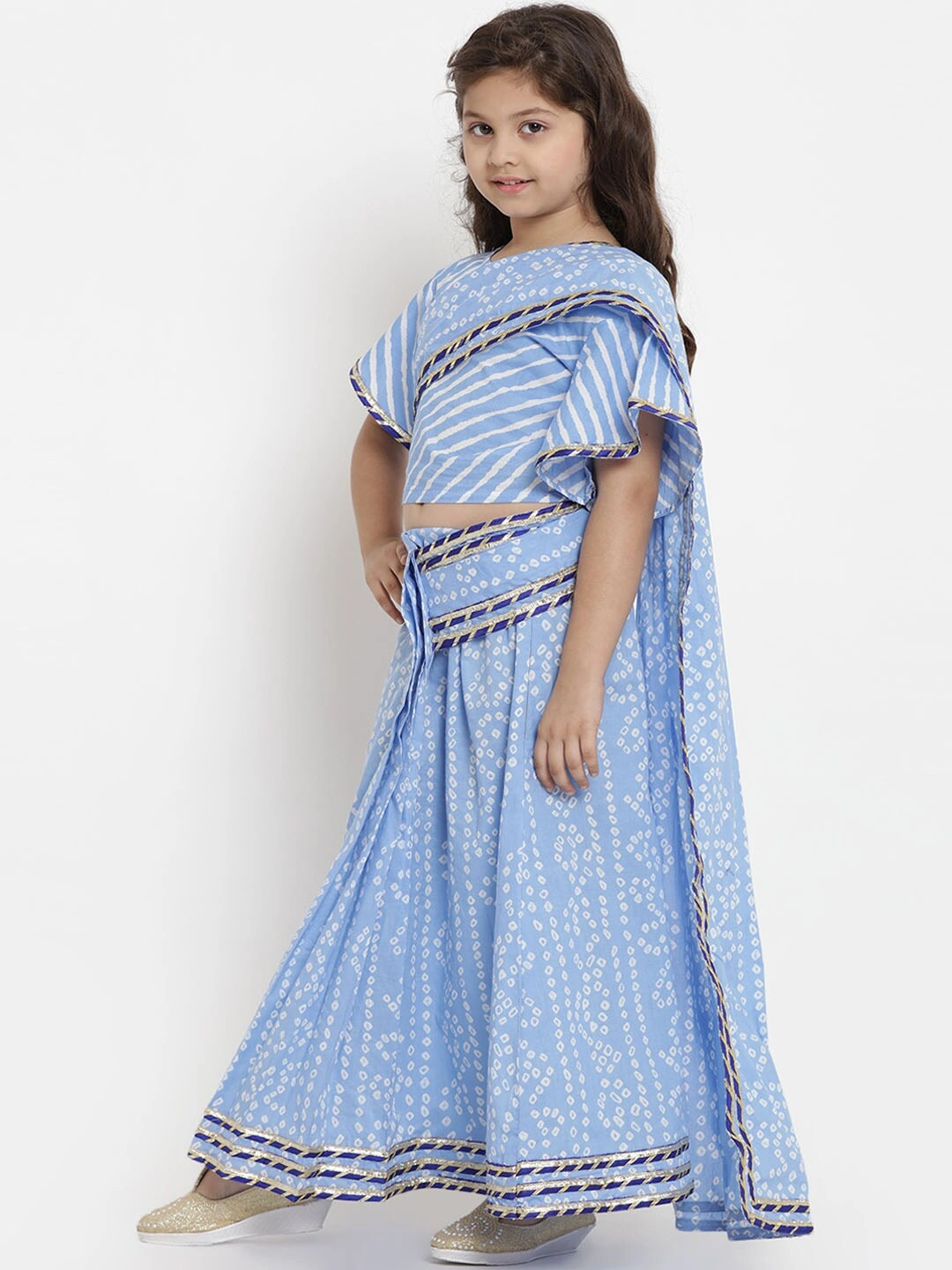 Bitiya by Bhama Girls Blue &amp; White Printed Bandhej Saree With Blouse-3-4Y-1