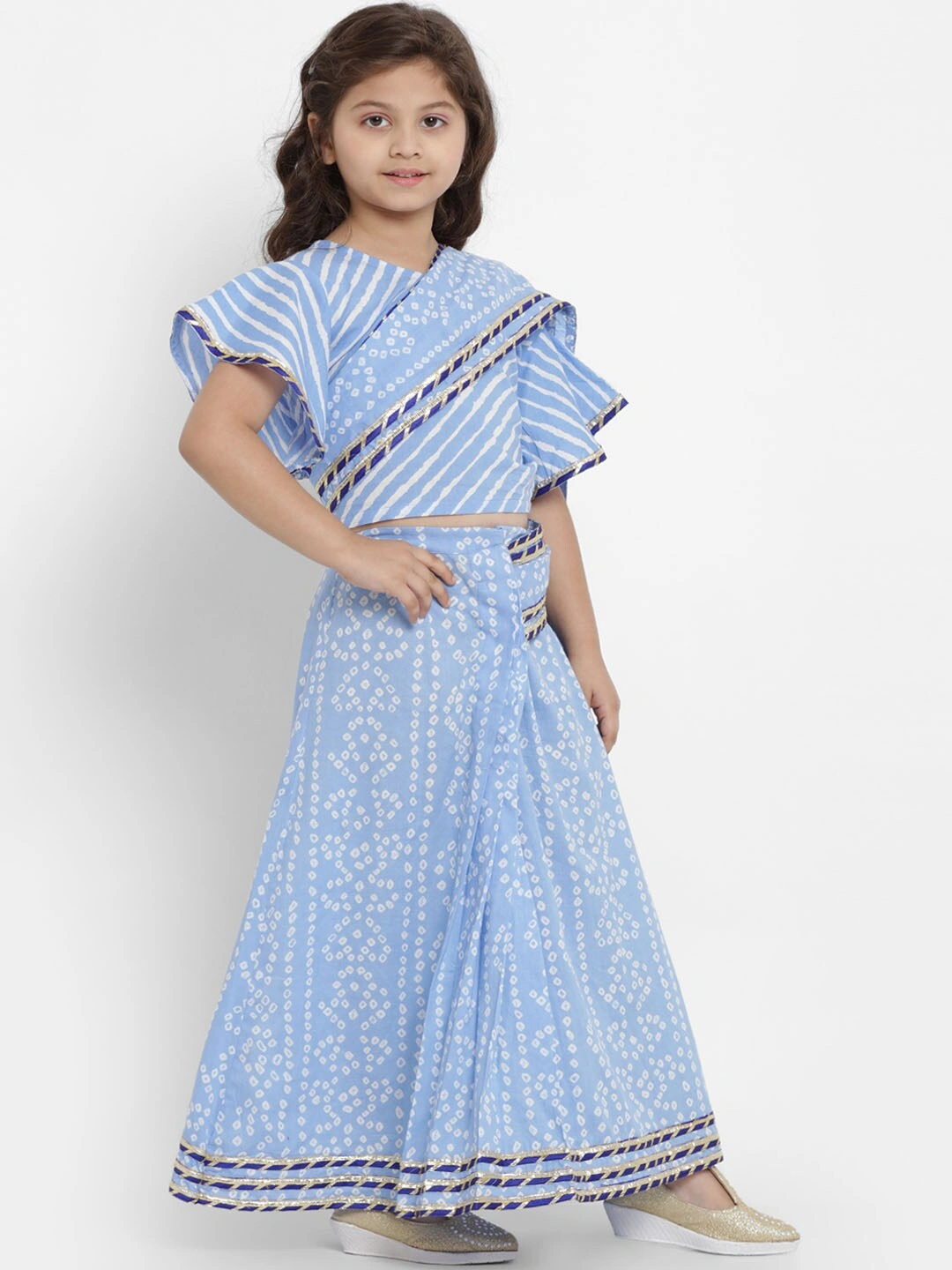 Bitiya by Bhama Girls Blue &amp; White Printed Bandhej Saree With Blouse-3-4Y-2