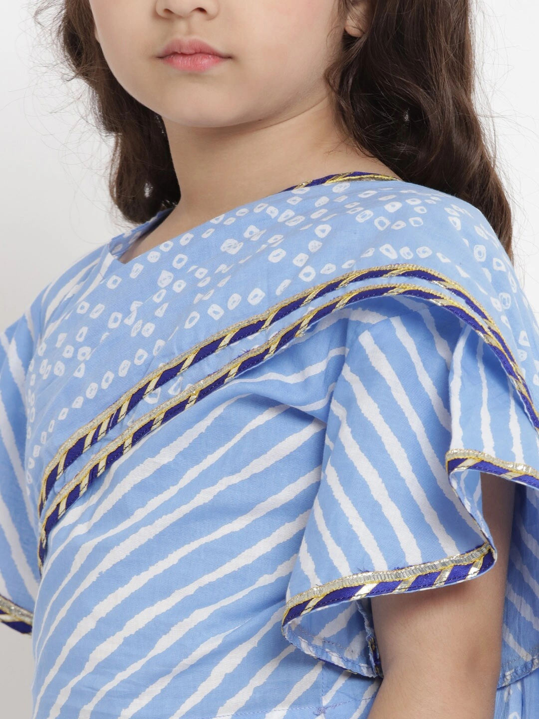 Bitiya by Bhama Girls Blue &amp; White Printed Bandhej Saree With Blouse-3-4Y-4