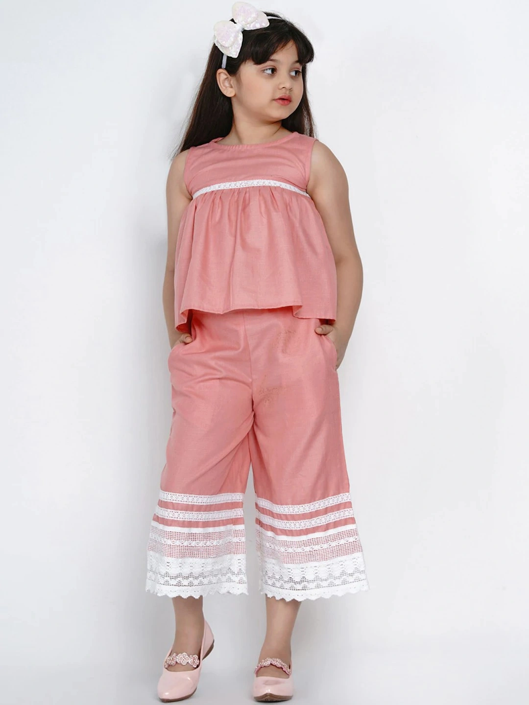 Bitiya by Bhama Girls Peach-Coloured &amp; White Solid Top with Palazzos-BBB107_3-4Y