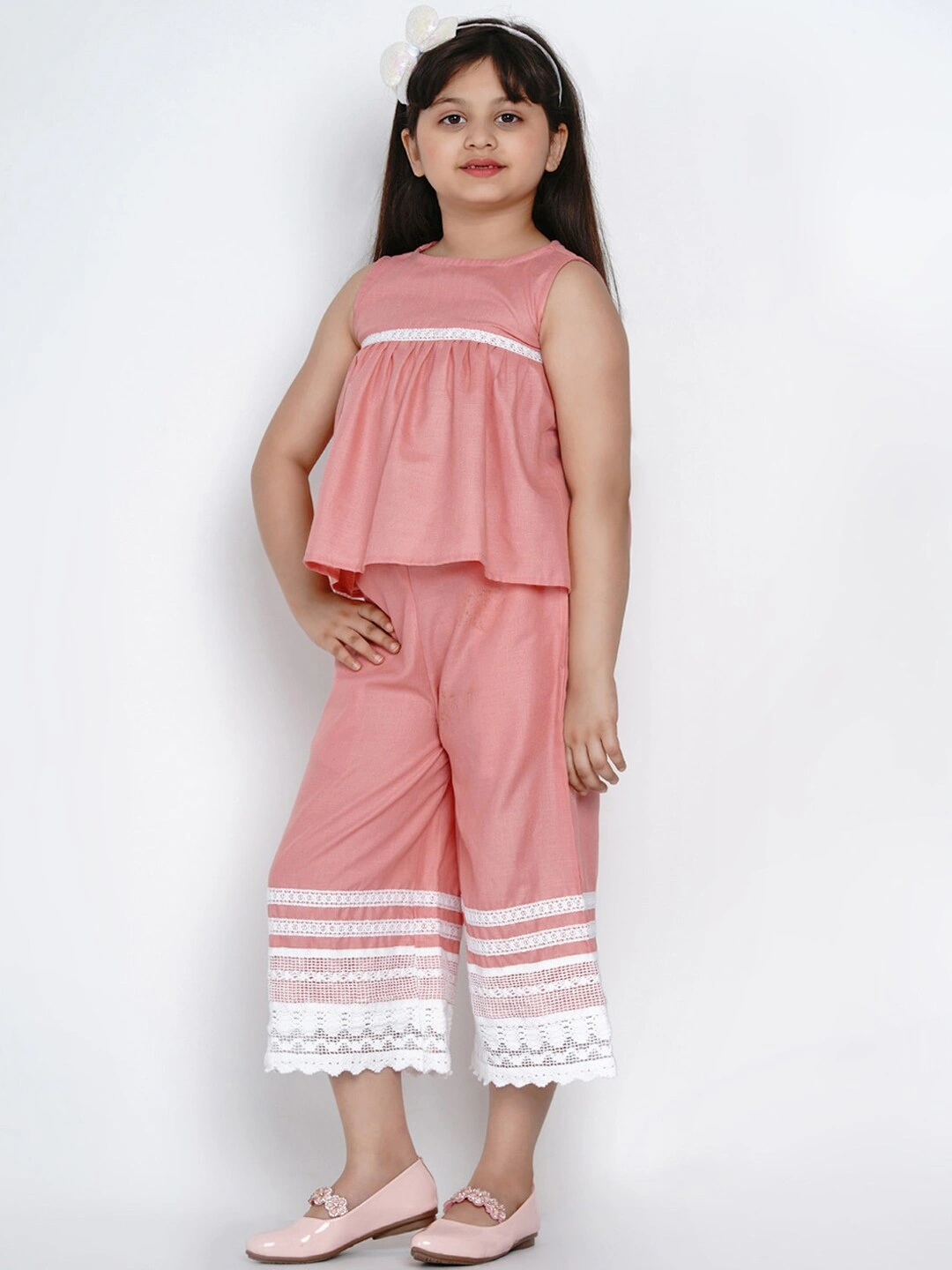 Bitiya by Bhama Girls Peach-Coloured &amp; White Solid Top with Palazzos-3-4Y-1