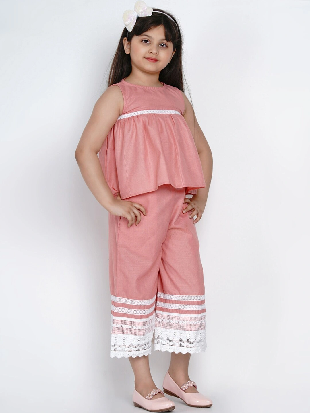 Bitiya by Bhama Girls Peach-Coloured &amp; White Solid Top with Palazzos-3-4Y-2