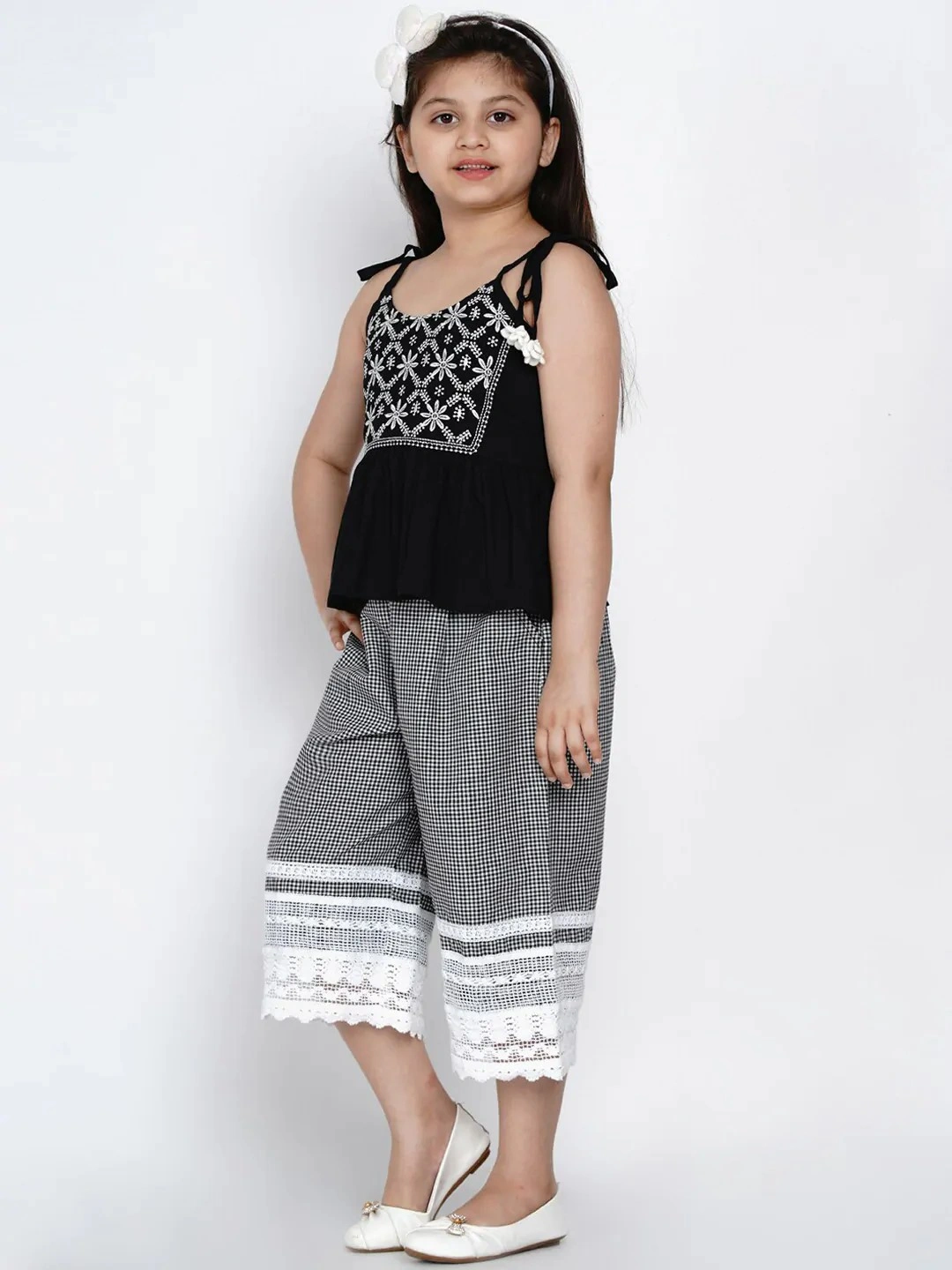 Bitiya by Bhama Girls Black &amp; White Embroidered Top with Palazzos-3-4Y-1