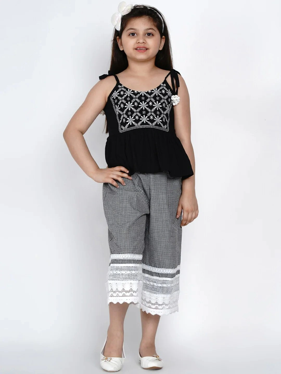 Bitiya by Bhama Girls Black &amp; White Embroidered Top with Palazzos-BBB121_4-5Y