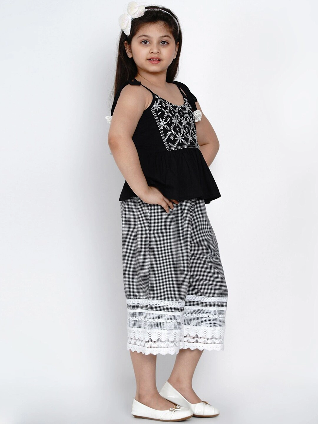 Bitiya by Bhama Girls Black &amp; White Embroidered Top with Palazzos-6-7Y-2