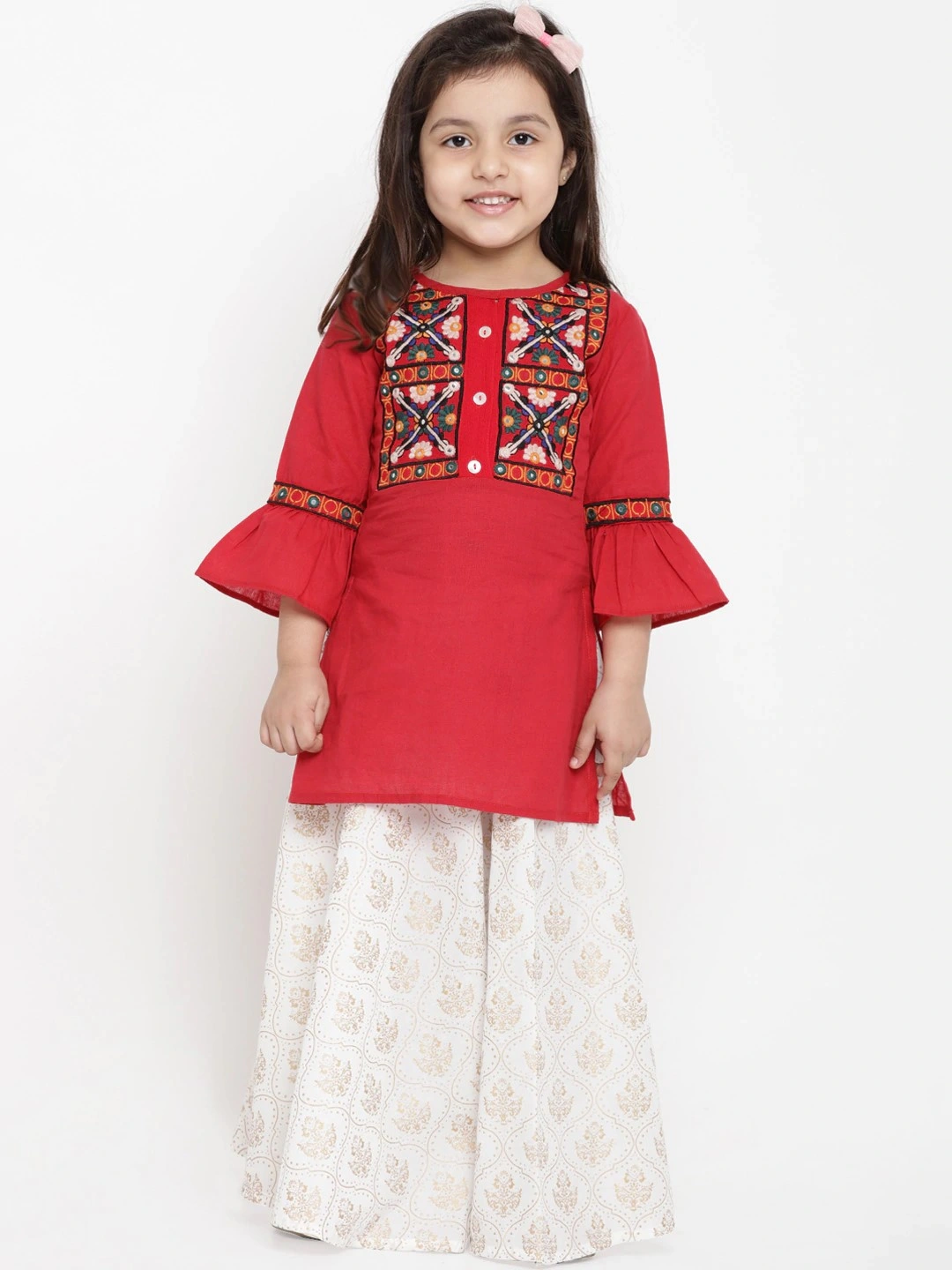 Bitiya by Bhama Girls Red &amp; White Embroidered Tunic with Skirt-BBT036_3-4Y