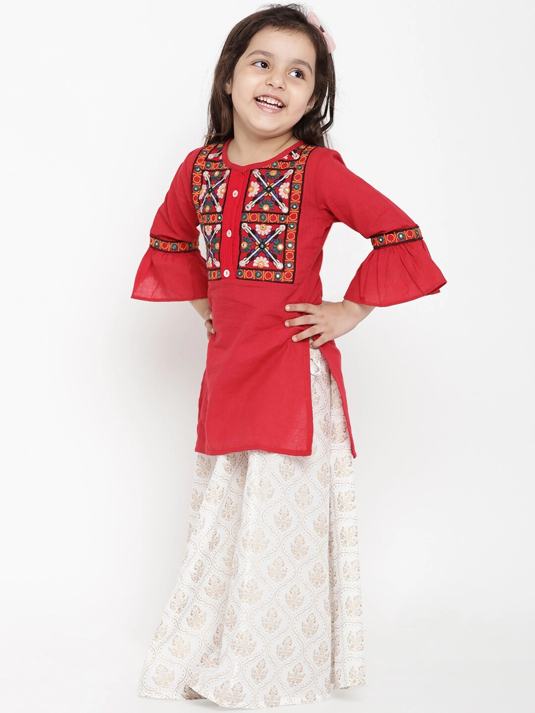 Bitiya by Bhama Girls Red &amp; White Embroidered Tunic with Skirt-3-4Y-1