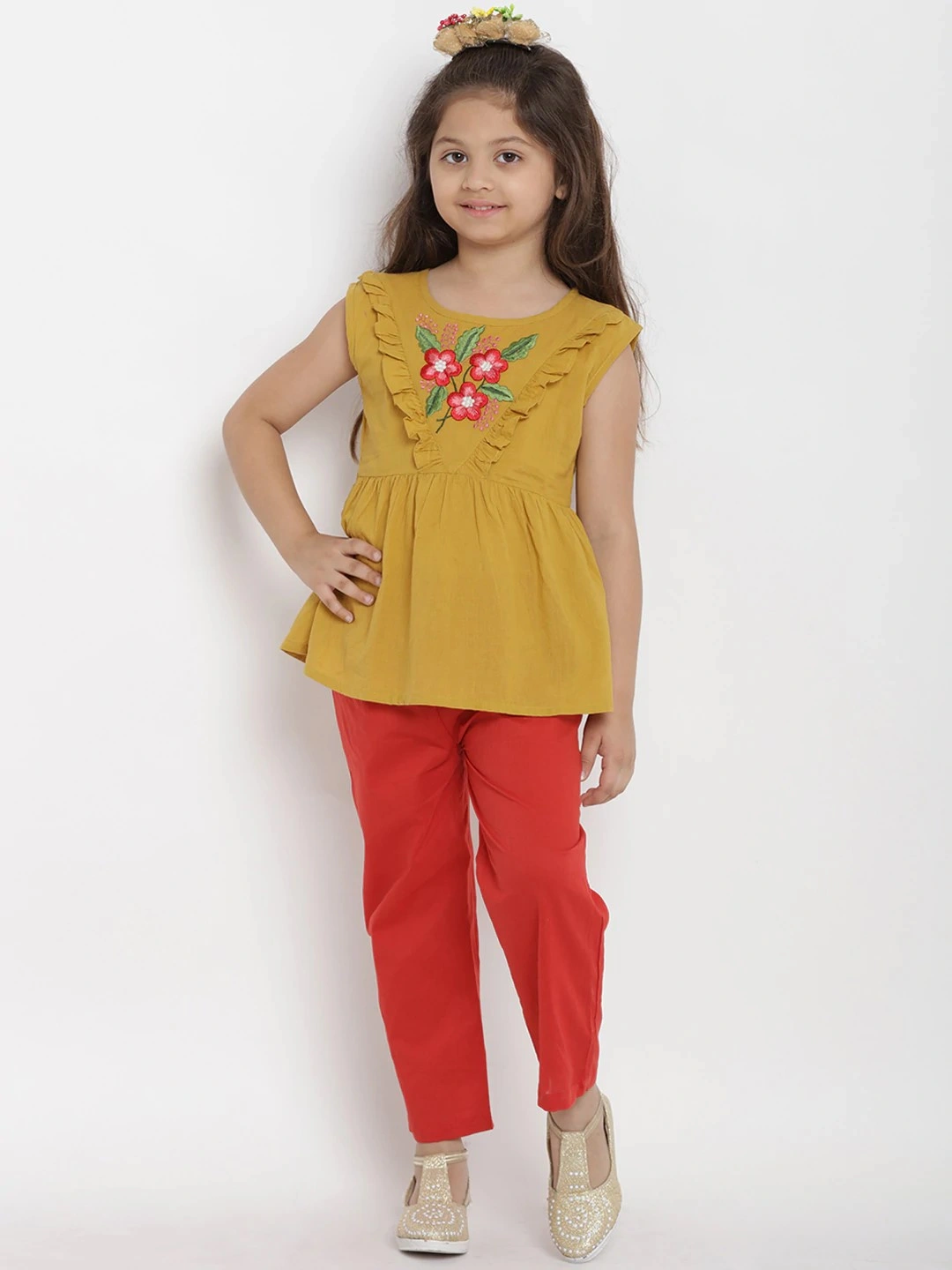 Bitiya by Bhama Girls Mustard Yellow &amp; Red Solid Top with Trousers-BBT128_3-4Y