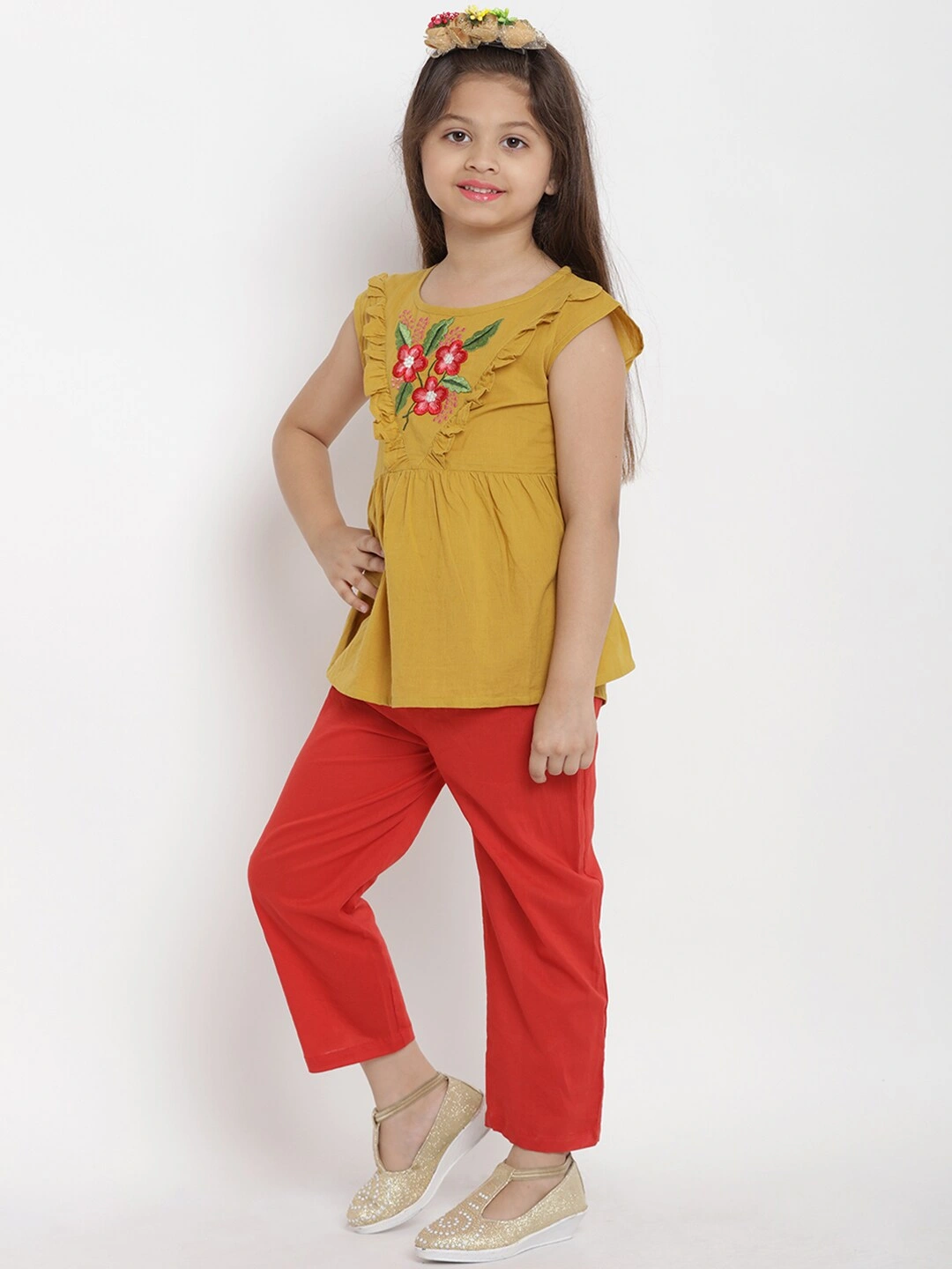 Bitiya by Bhama Girls Mustard Yellow &amp; Red Solid Top with Trousers-3-4Y-1