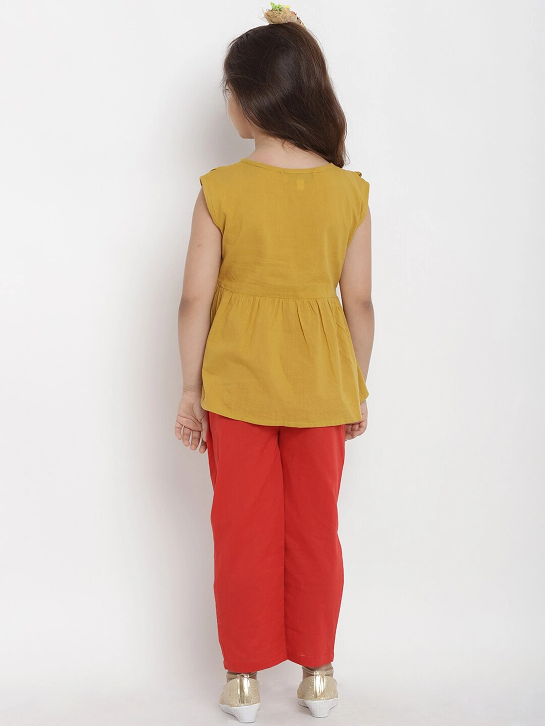 Bitiya by Bhama Girls Mustard Yellow &amp; Red Solid Top with Trousers-3-4Y-2