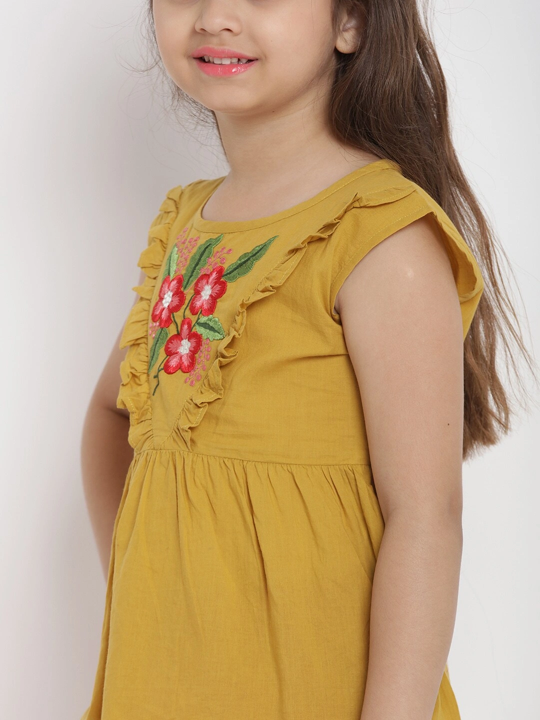 Bitiya by Bhama Girls Mustard Yellow &amp; Red Solid Top with Trousers-5-6Y-3