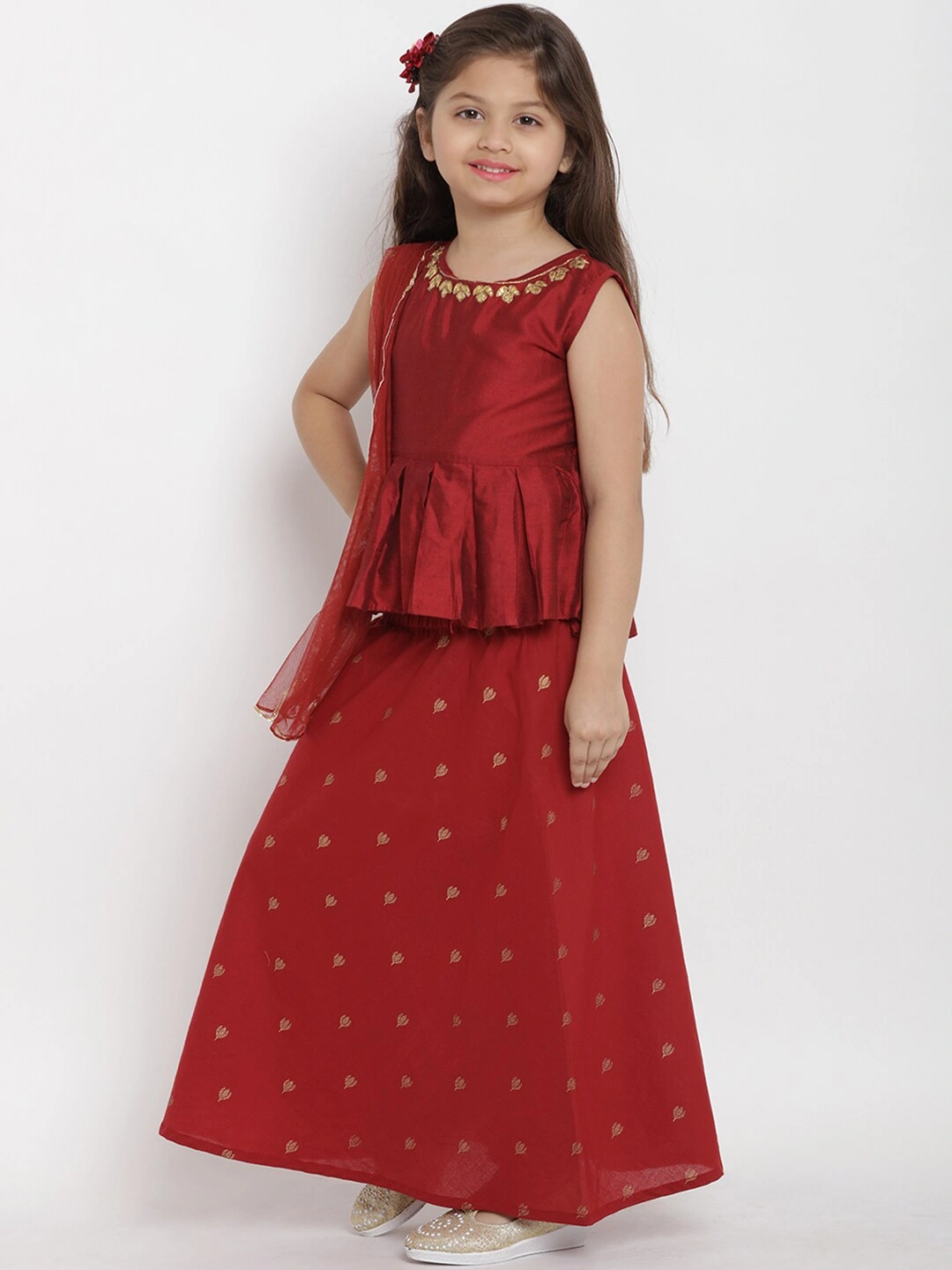 Bitiya by Bhama Girls Maroon Solid Top with Skirt-3-4Y-1