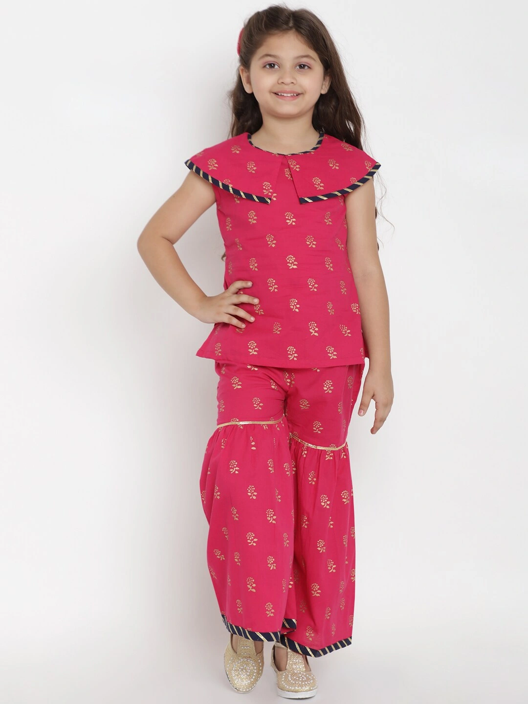 Bitiya by Bhama Girls Pink &amp; Gold-Toned Printed Top with Palazzos-BBT159_3-4Y