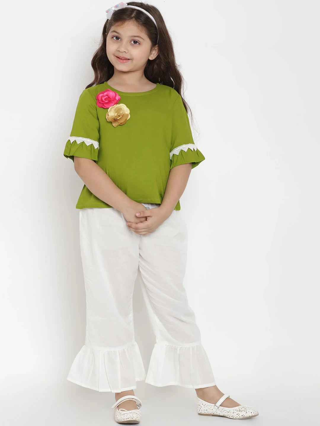 Bitiya by Bhama Girls Green &amp; White Solid Top with Trousers-BBT162_5-6Y