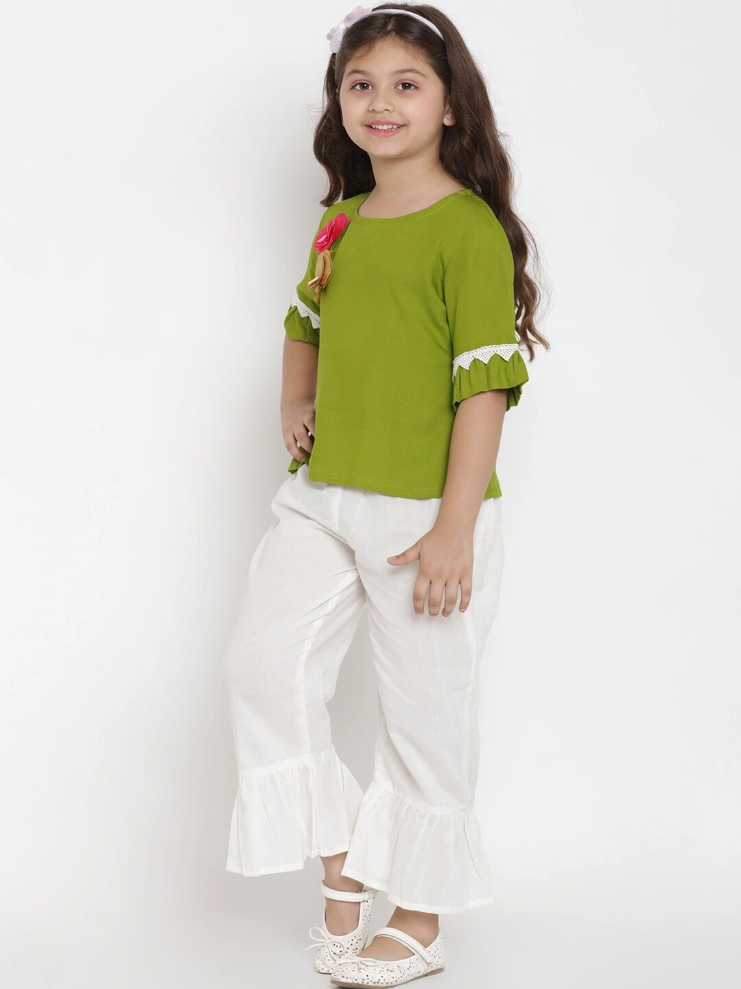 Bitiya by Bhama Girls Green &amp; White Solid Top with Trousers-5-6Y-1