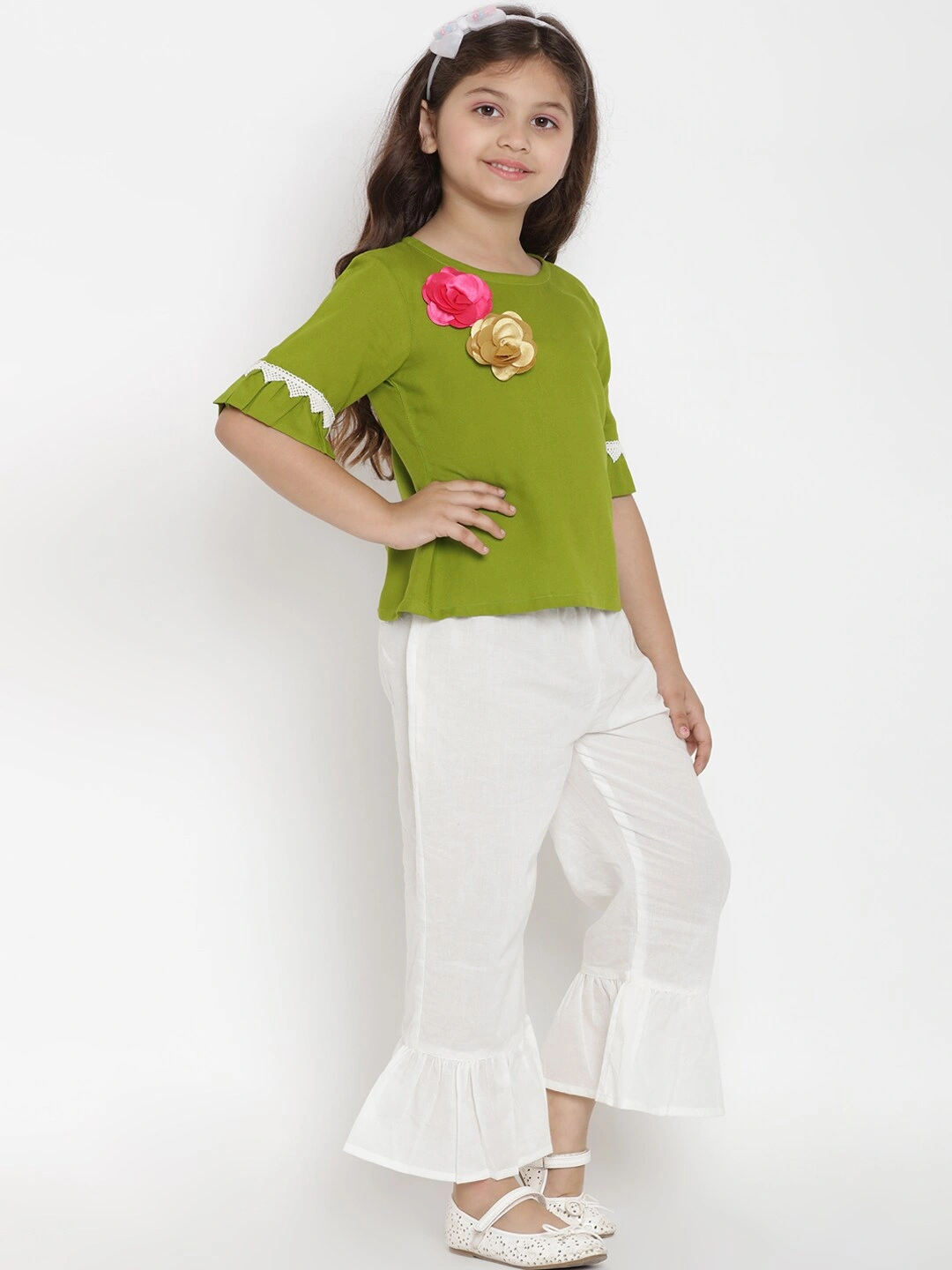 Bitiya by Bhama Girls Green &amp; White Solid Top with Trousers-5-6Y-2