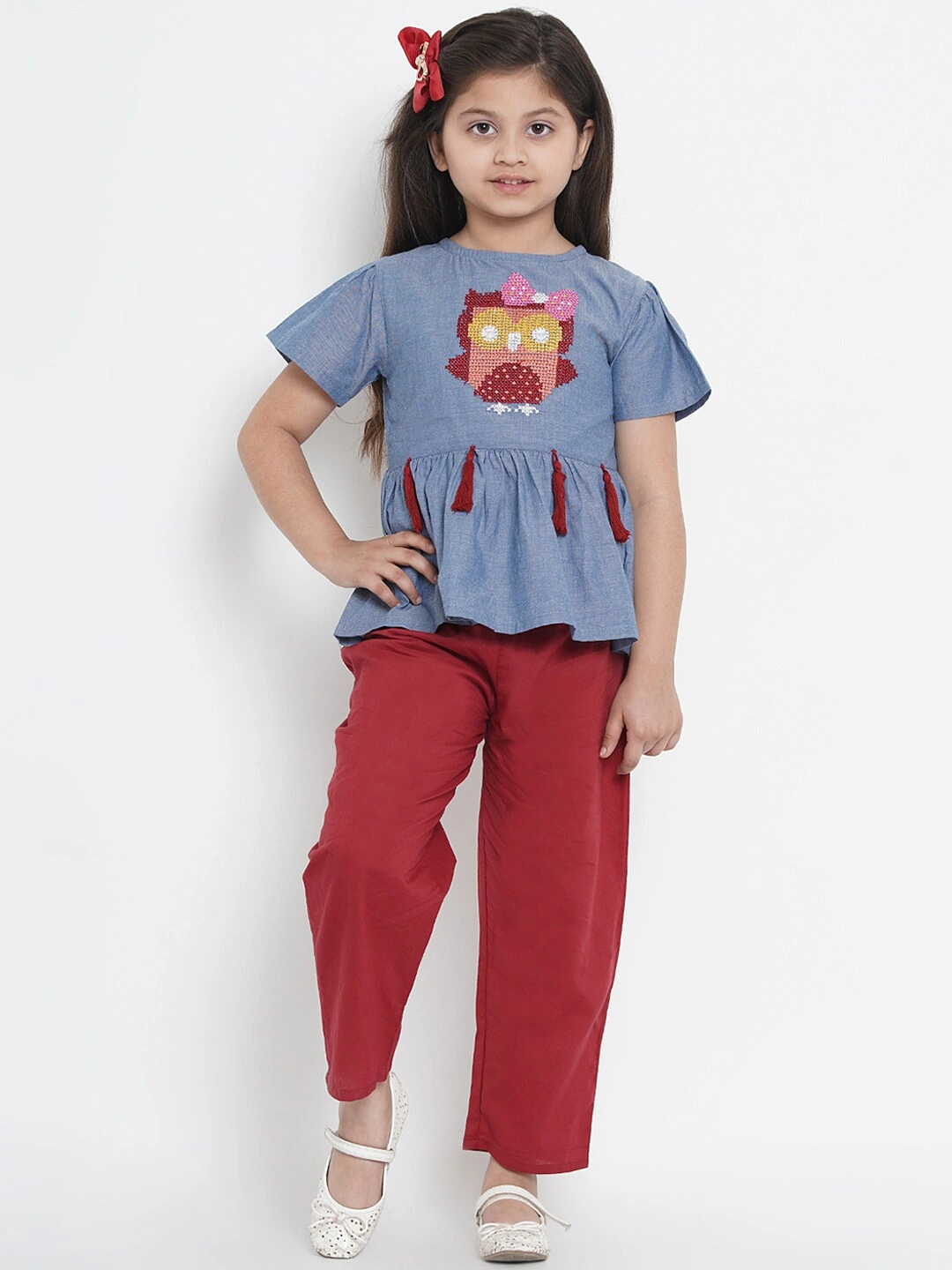 Bitiya by Bhama Girls Blue &amp; Maroon Embellished Tunic with Trousers-BBT186_4-5Y