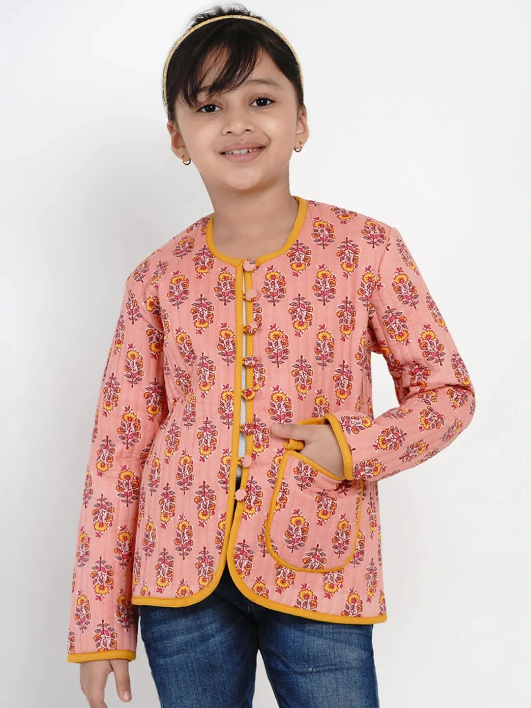 Bitiya by Bhama Girls Peach &amp; Mustard Yellow Printed Open Front Jacket-BBB152_3-4Y