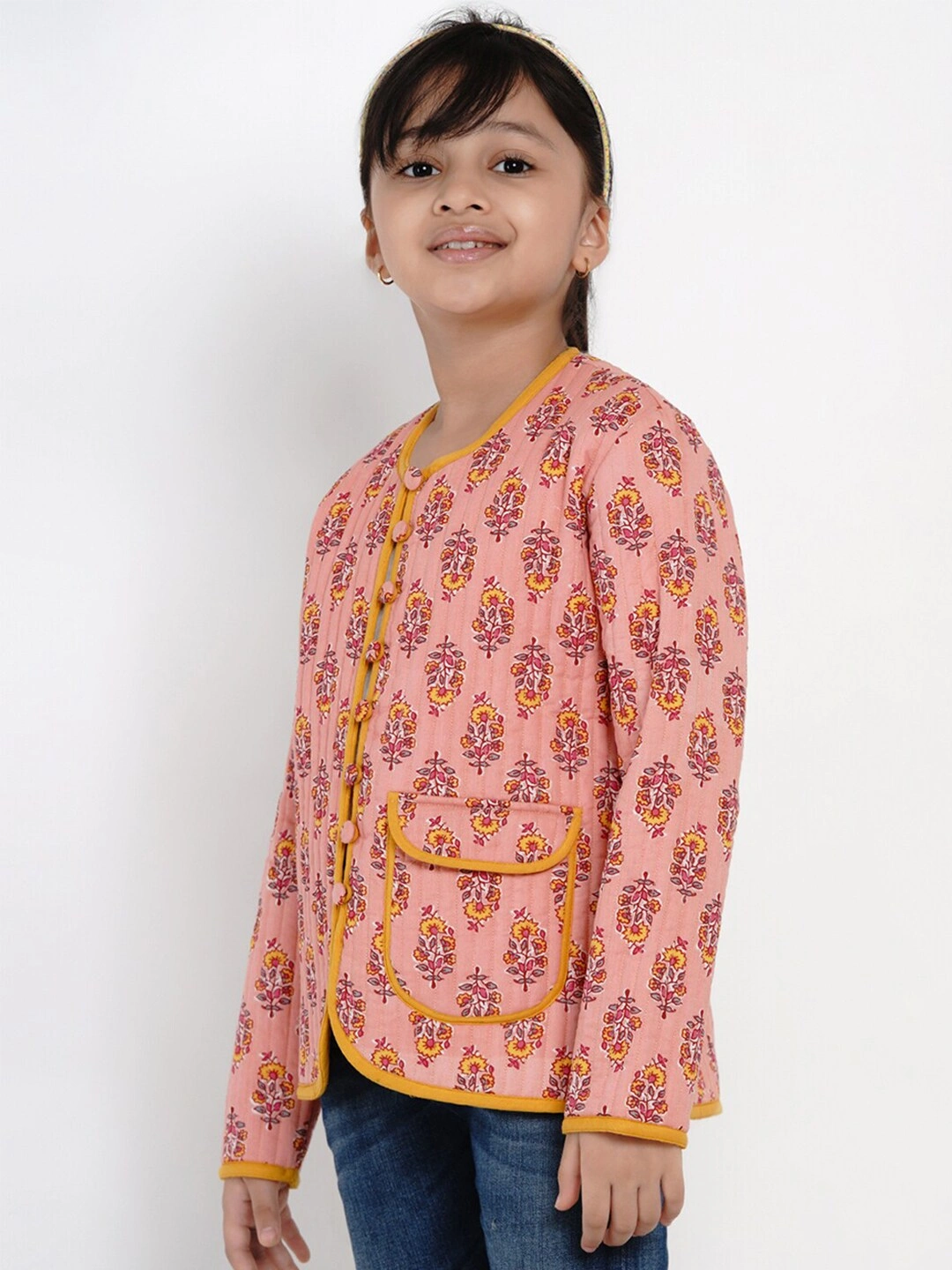 Bitiya by Bhama Girls Peach &amp; Mustard Yellow Printed Open Front Jacket-3-4Y-1