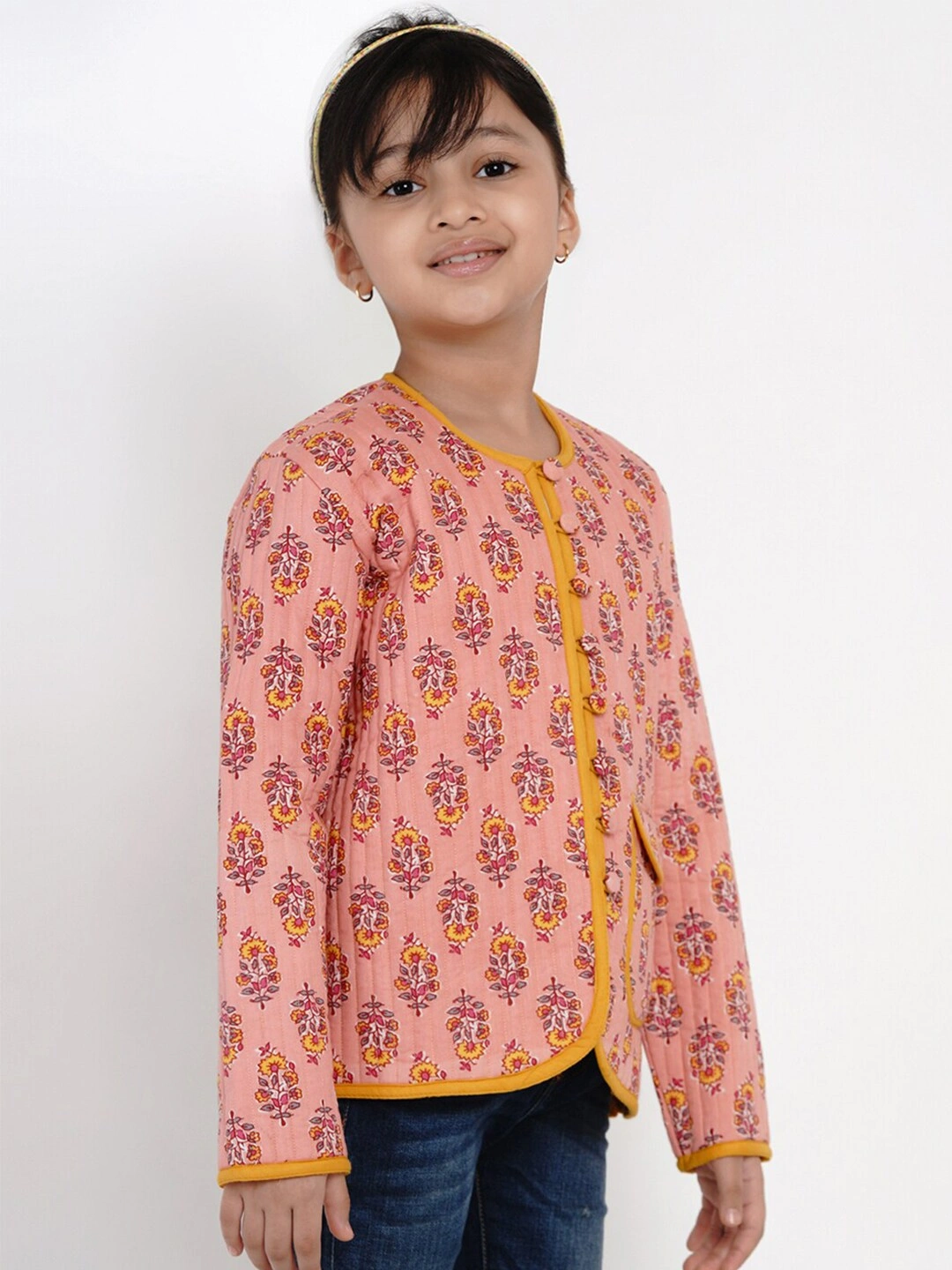 Bitiya by Bhama Girls Peach &amp; Mustard Yellow Printed Open Front Jacket-3-4Y-2