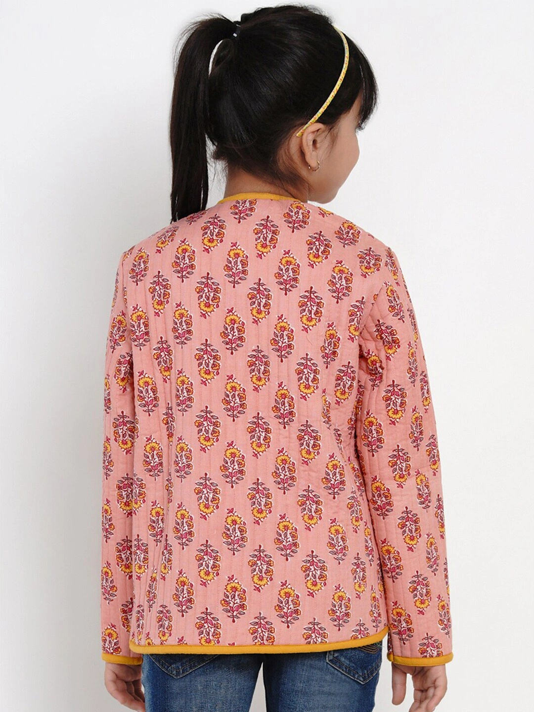 Bitiya by Bhama Girls Peach &amp; Mustard Yellow Printed Open Front Jacket-3-4Y-3