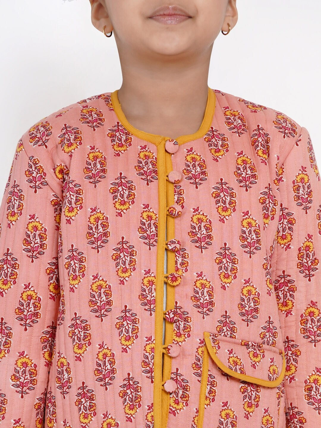 Bitiya by Bhama Girls Peach &amp; Mustard Yellow Printed Open Front Jacket-3-4Y-4