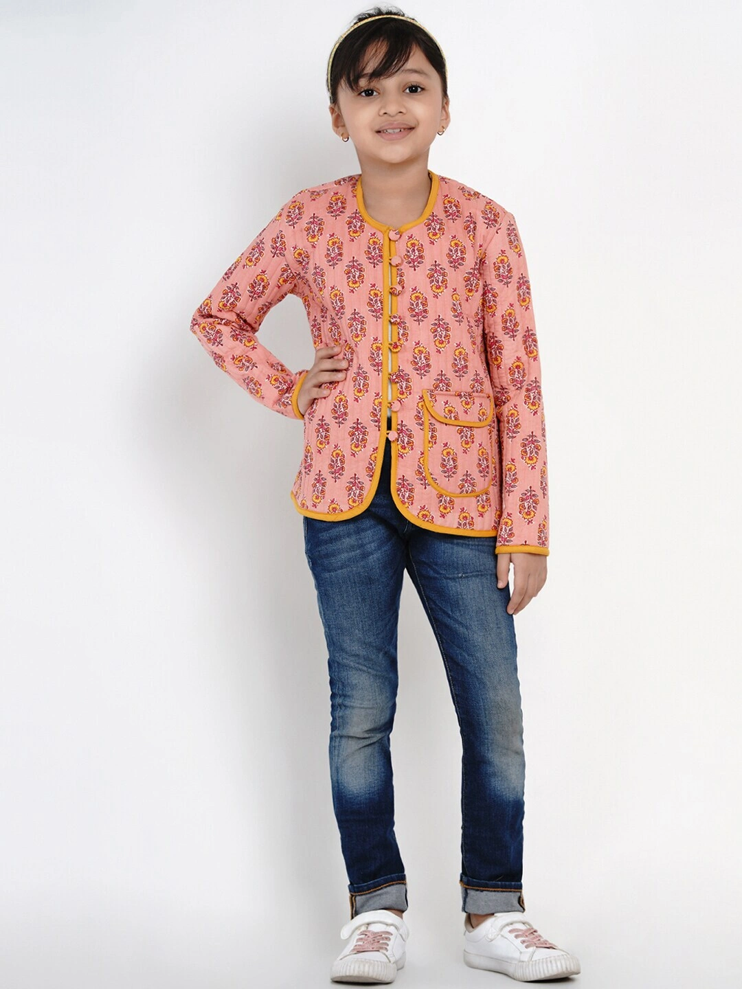 Bitiya by Bhama Girls Peach &amp; Mustard Yellow Printed Open Front Jacket-3-4Y-5