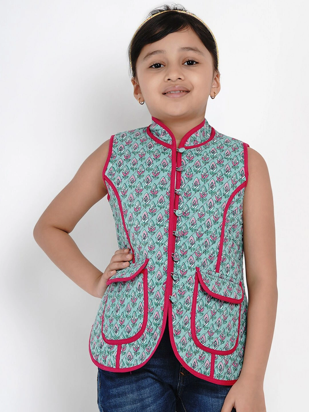 Bitiya by Bhama Girls Green &amp; Pink Printed Tailored Jacket-BBB155_3-4Y