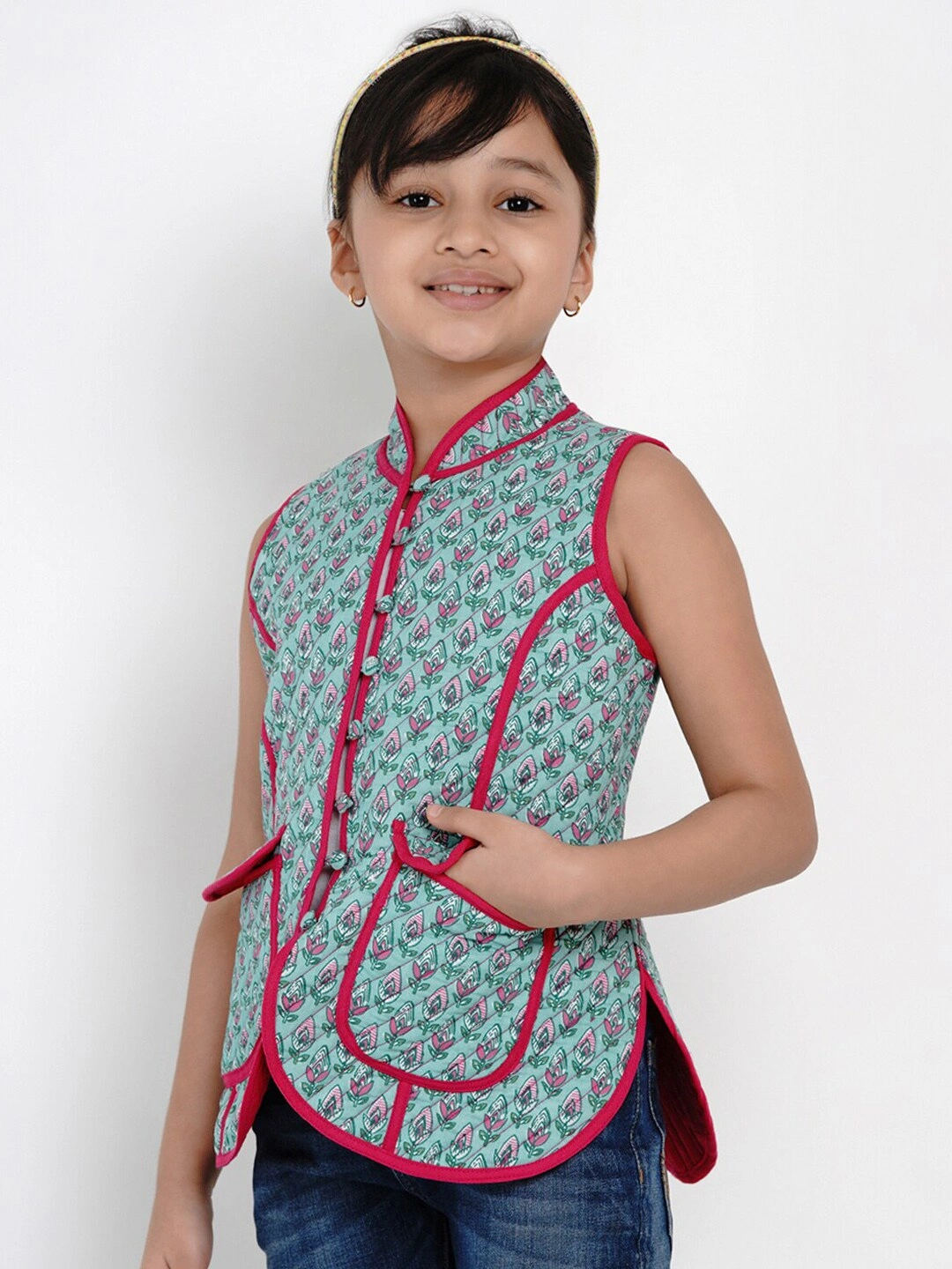 Bitiya by Bhama Girls Green &amp; Pink Printed Tailored Jacket-3-4Y-1