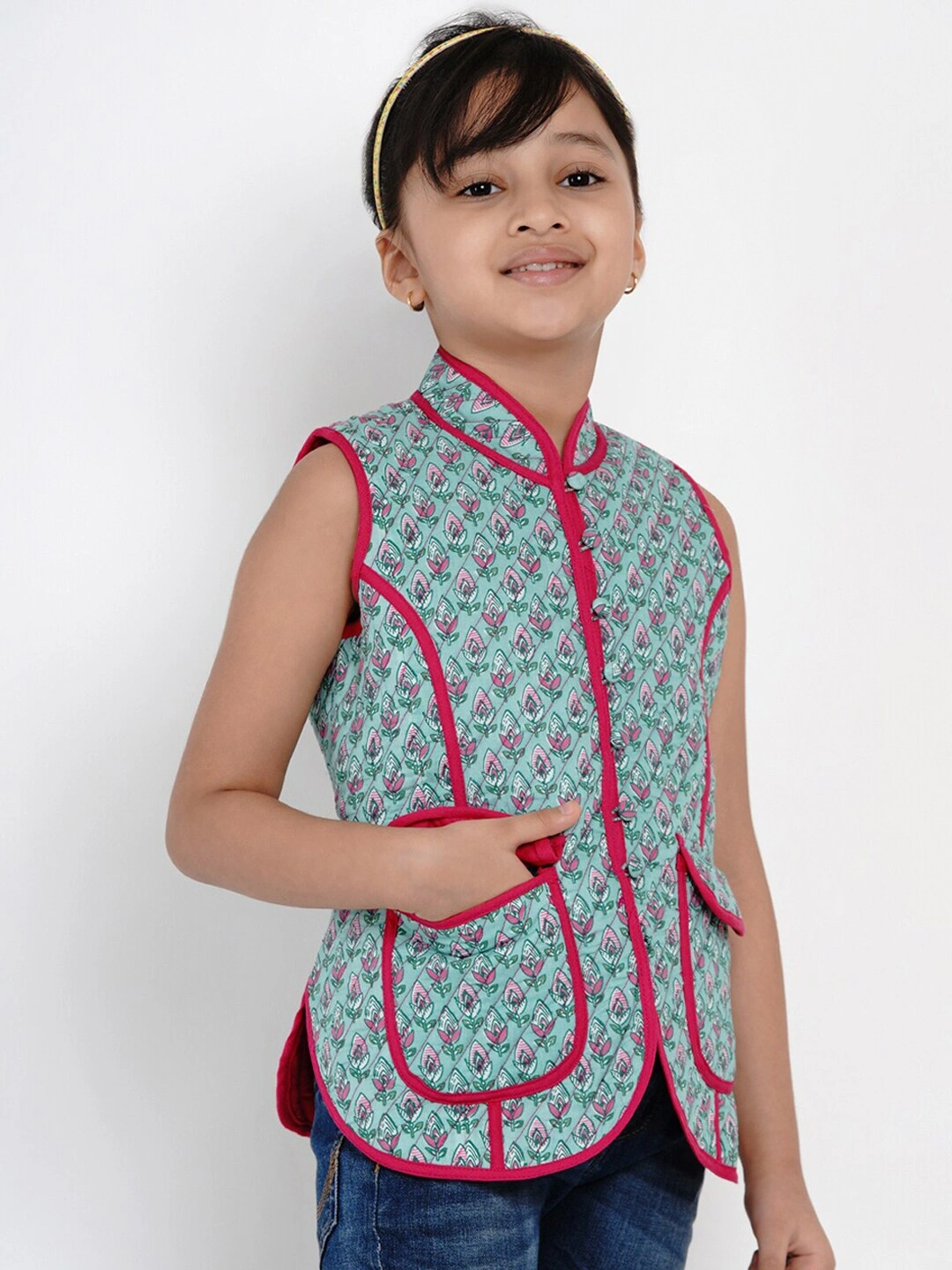 Bitiya by Bhama Girls Green &amp; Pink Printed Tailored Jacket-3-4Y-2