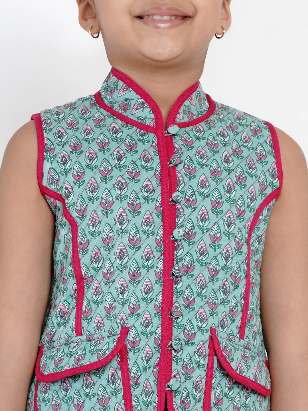 Bitiya by Bhama Girls Green &amp; Pink Printed Tailored Jacket-3-4Y-4