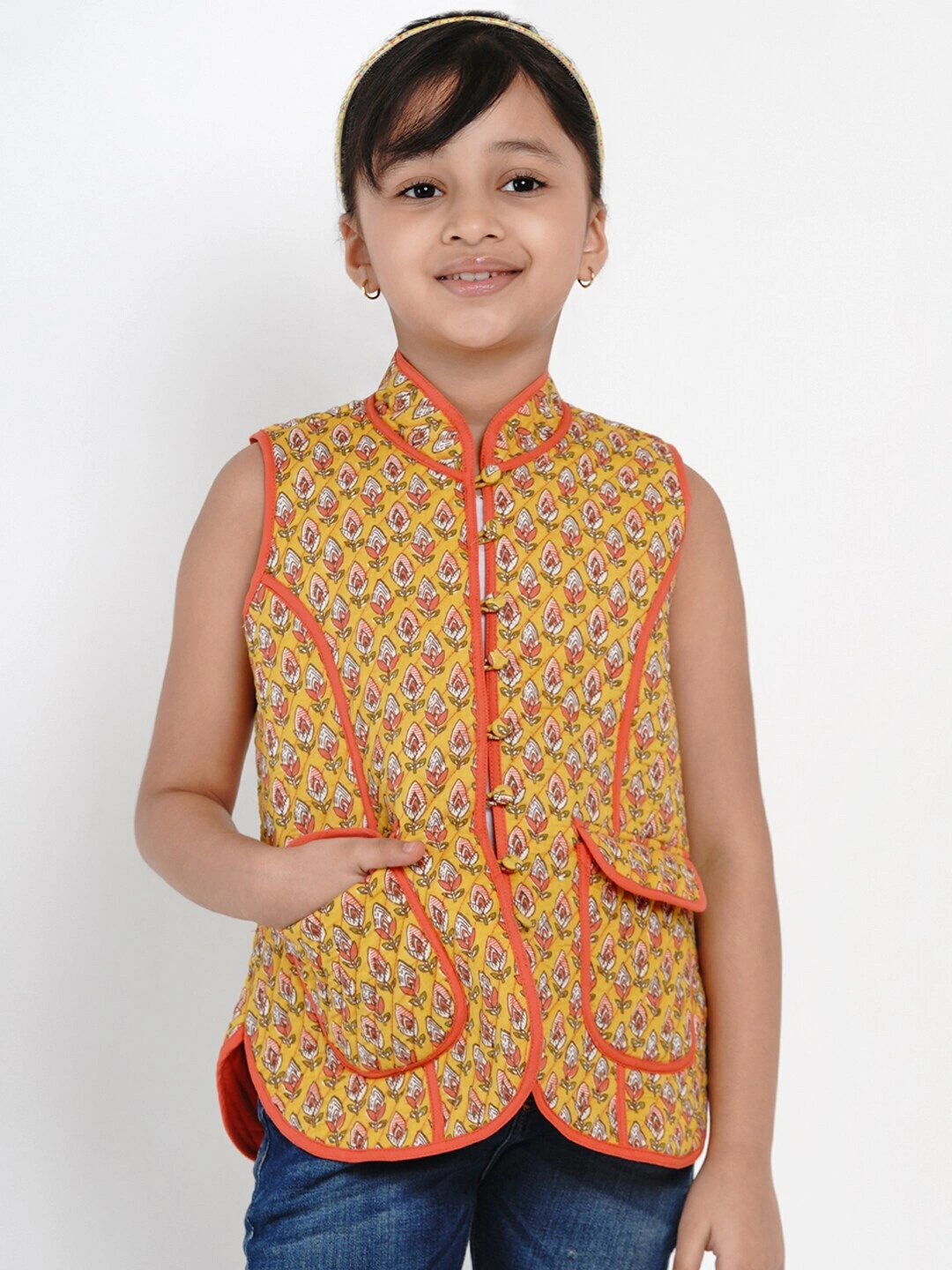 Bitiya by Bhama Girls Mustard Yellow Printed Tailored Jacket-BBB156_3-4Y