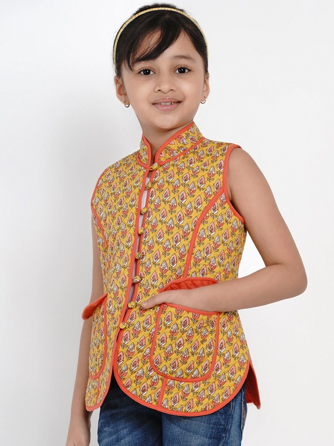 Bitiya by Bhama Girls Mustard Yellow Printed Tailored Jacket-3-4Y-1