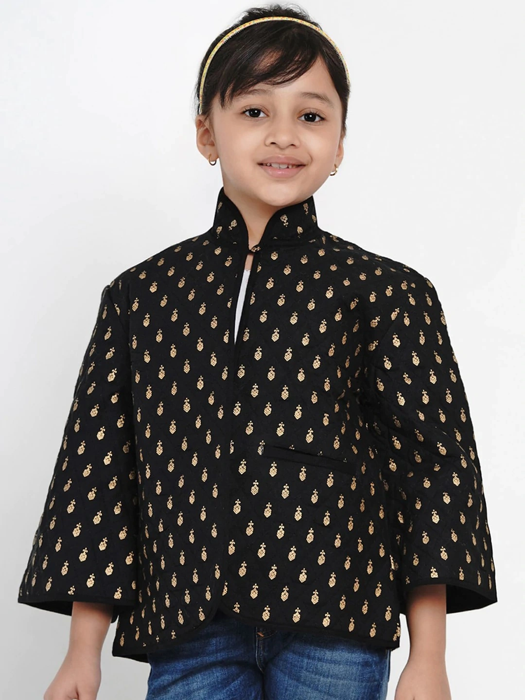 Bitiya by Bhama Girls Black &amp; Gold Self Design Tailored Jacket-BBB157_3-4Y