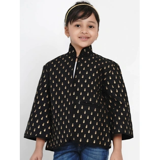Bitiya by Bhama Girls Black & Gold Self Design Tailored Jacket