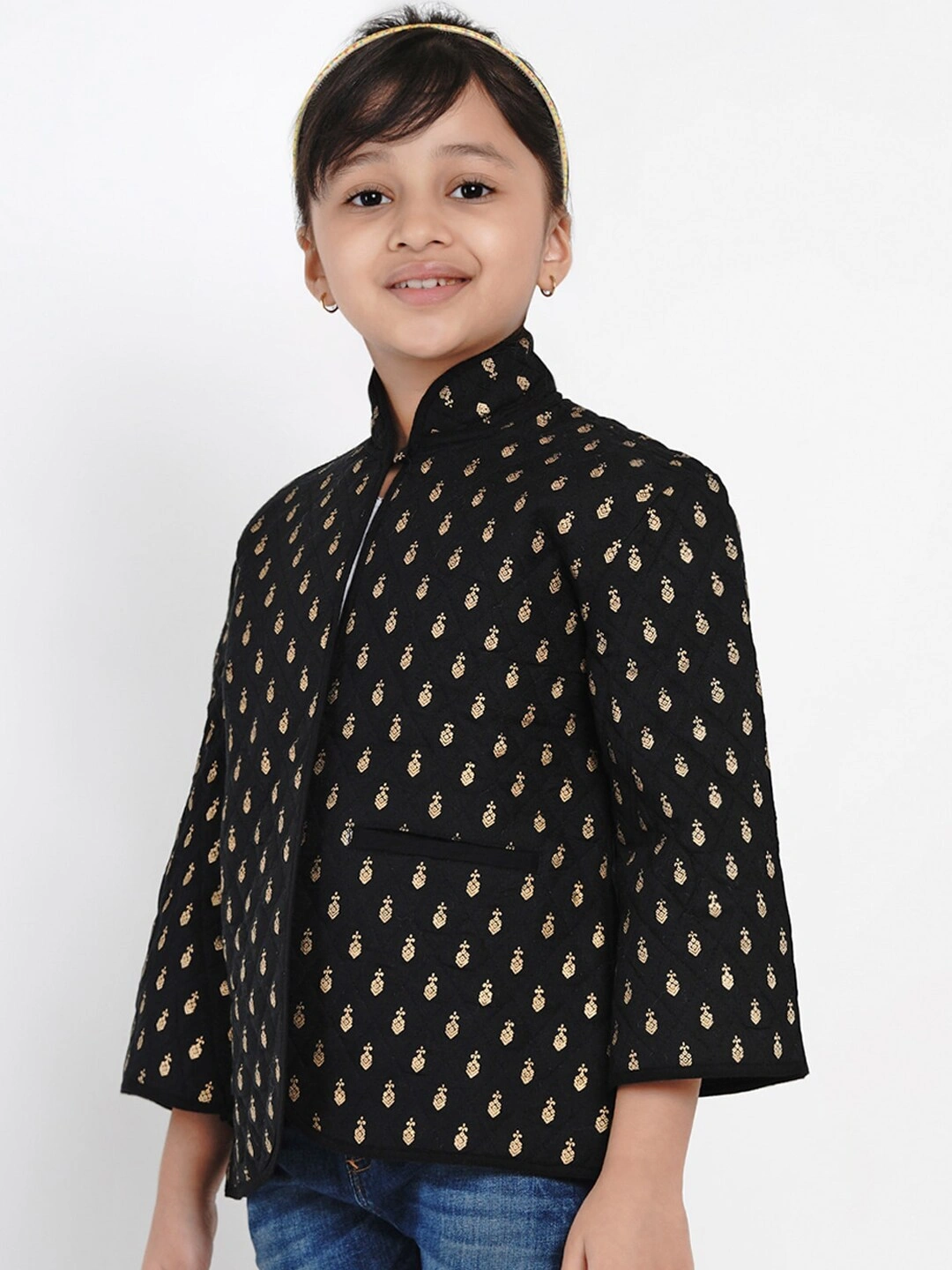 Bitiya by Bhama Girls Black &amp; Gold Self Design Tailored Jacket-3-4Y-1