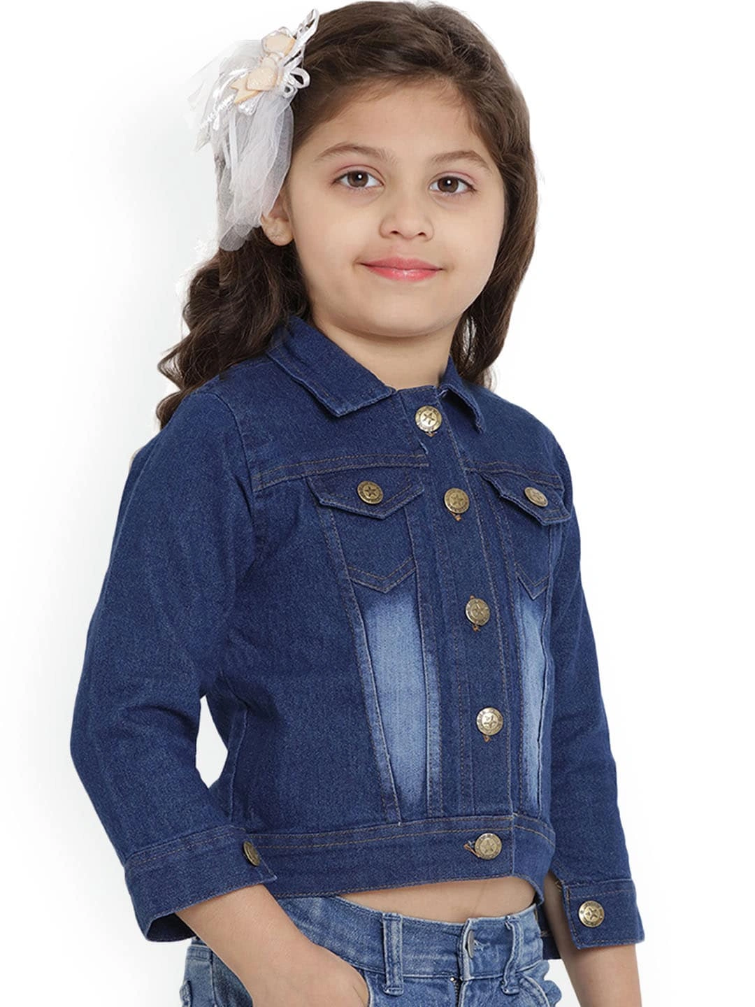 Bitiya by Bhama Girls Blue Solid Lightweight Denim Jacket-3-4Y-1