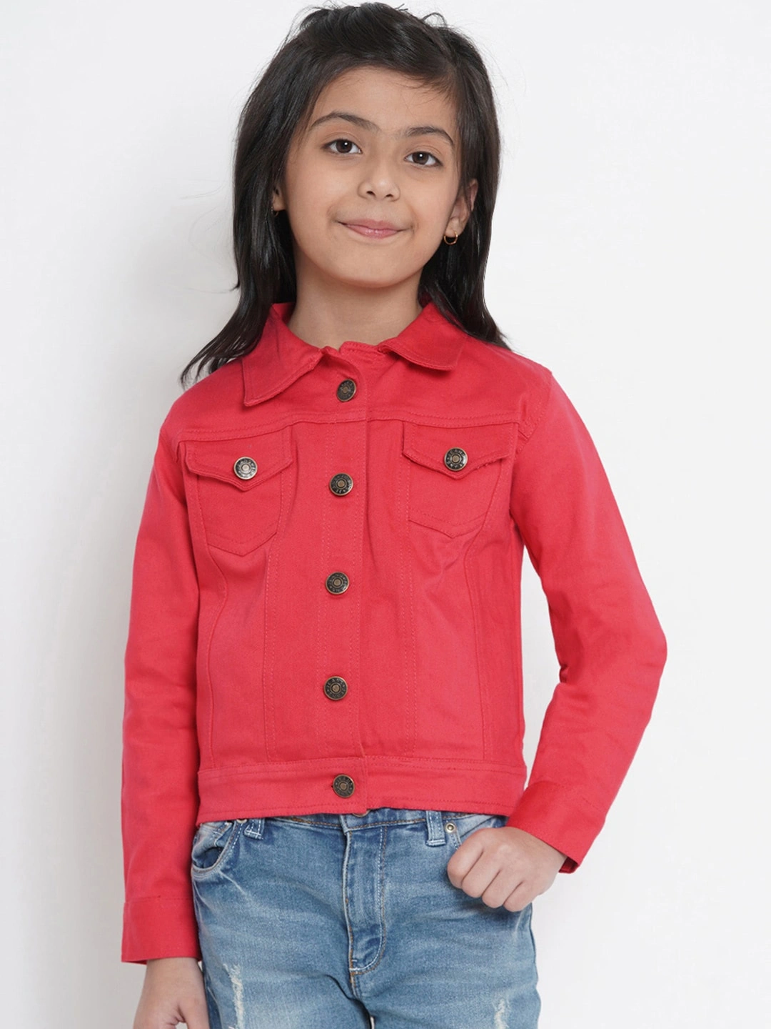 Bitiya by Bhama Girls Coral Red Solid Denim Jacket-BBT191_3-4Y