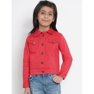 Bitiya by Bhama Girls Coral Red Solid Denim Jacket