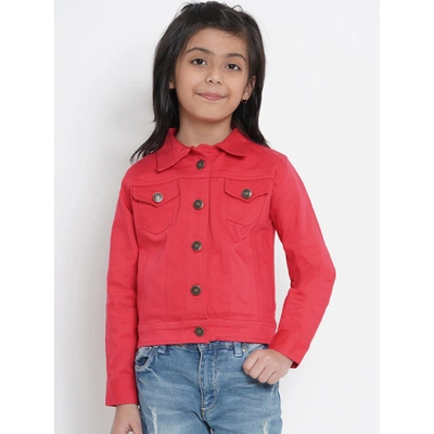 Bitiya by Bhama Girls Coral Red Solid Denim Jacket