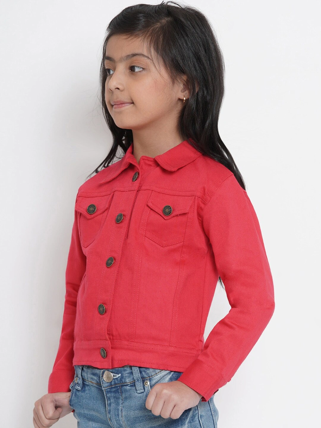 Bitiya by Bhama Girls Coral Red Solid Denim Jacket-3-4Y-1