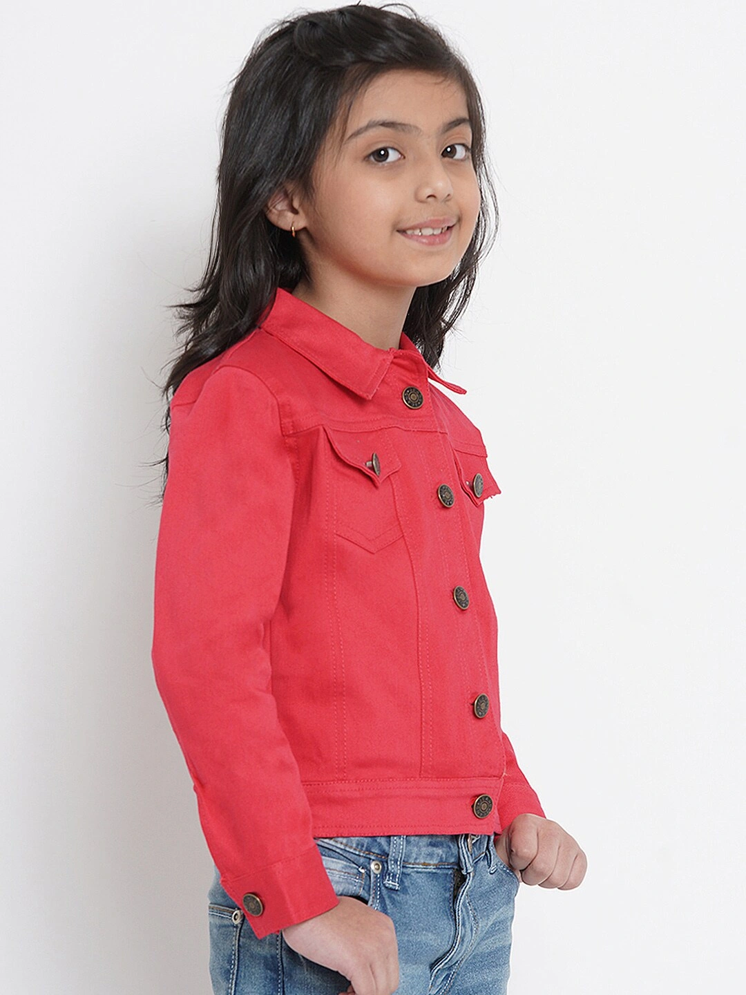 Bitiya by Bhama Girls Coral Red Solid Denim Jacket-3-4Y-2