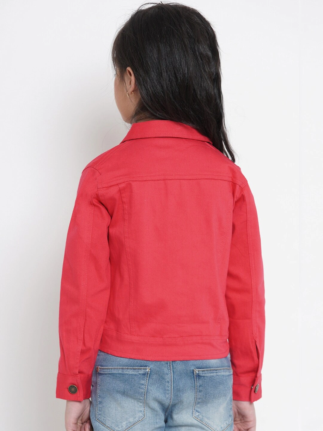 Bitiya by Bhama Girls Coral Red Solid Denim Jacket-3-4Y-3