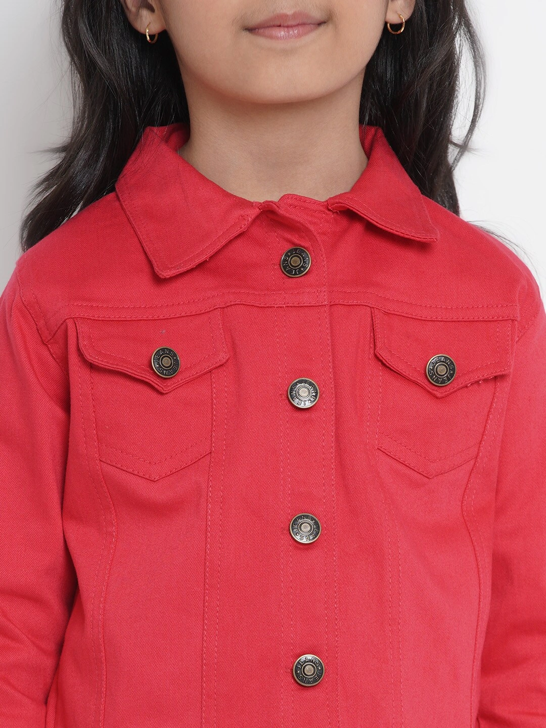 Bitiya by Bhama Girls Coral Red Solid Denim Jacket-3-4Y-4