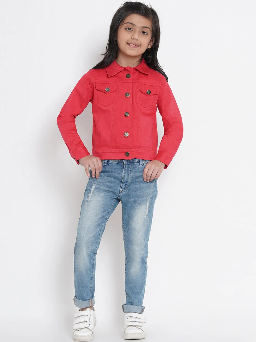 Bitiya by Bhama Girls Coral Red Solid Denim Jacket-3-4Y-5