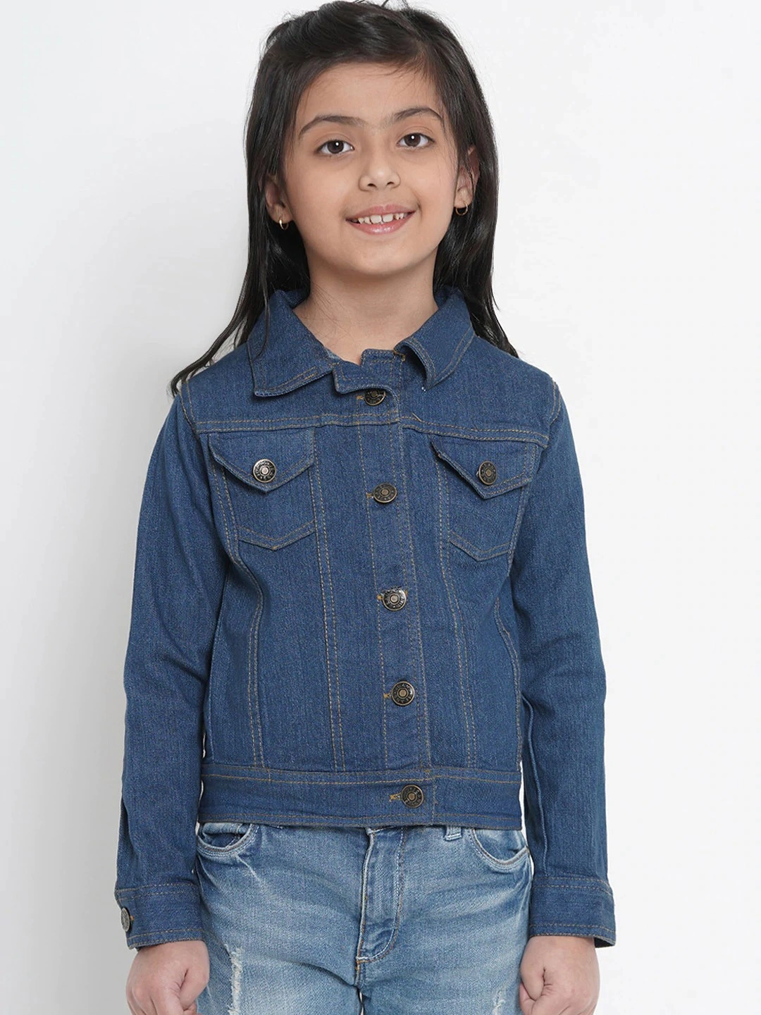 Bitiya by Bhama Girls Blue Solid Denim Jacket-BBT192_3-4Y