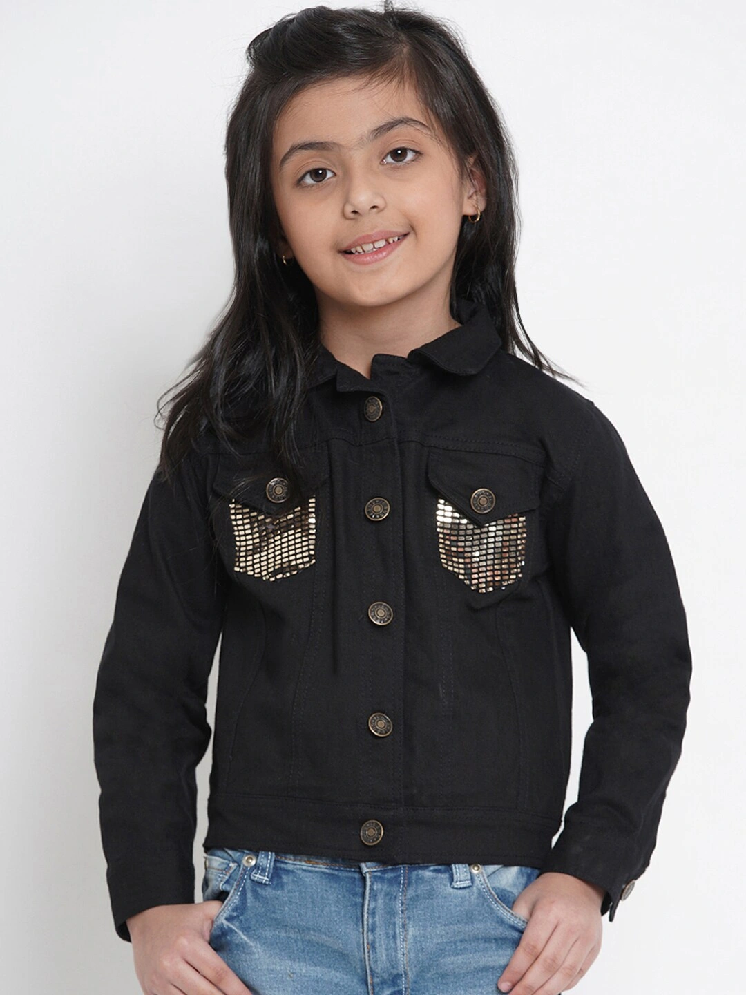 Bitiya by Bhama Girls Black Solid Denim Jacket-BBT193_3-4Y