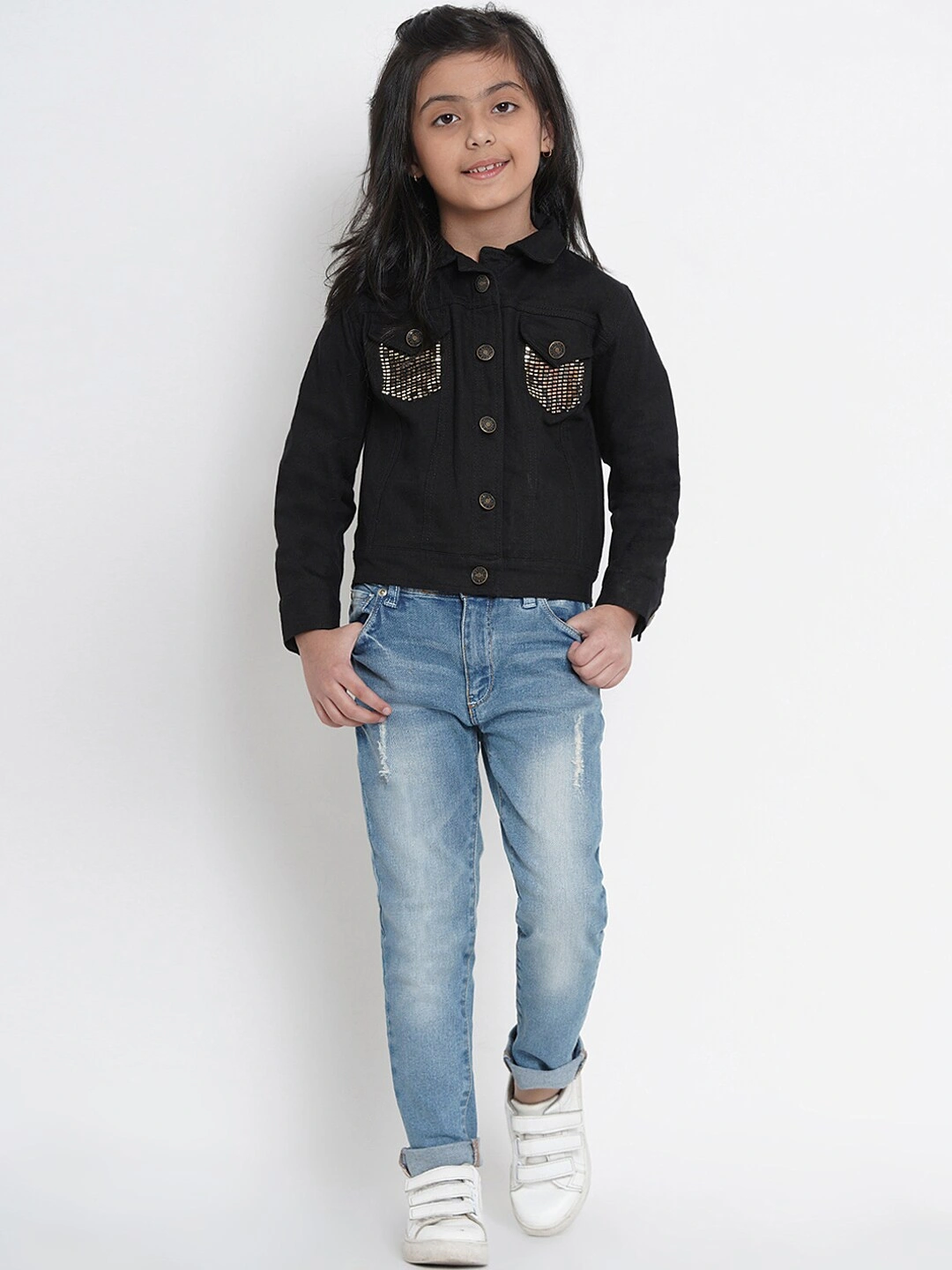 Bitiya by Bhama Girls Black Solid Denim Jacket-3-4Y-5