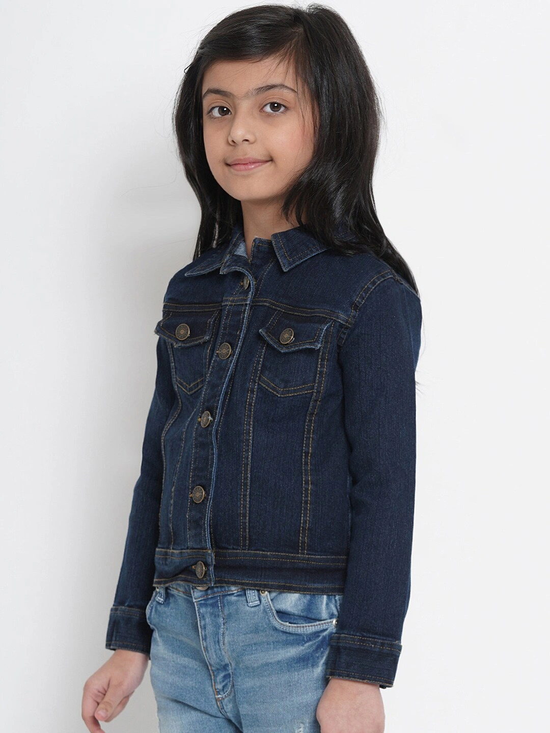 Bitiya by Bhama Girls Navy Blue Solid Denim Jacket-3-4Y-1