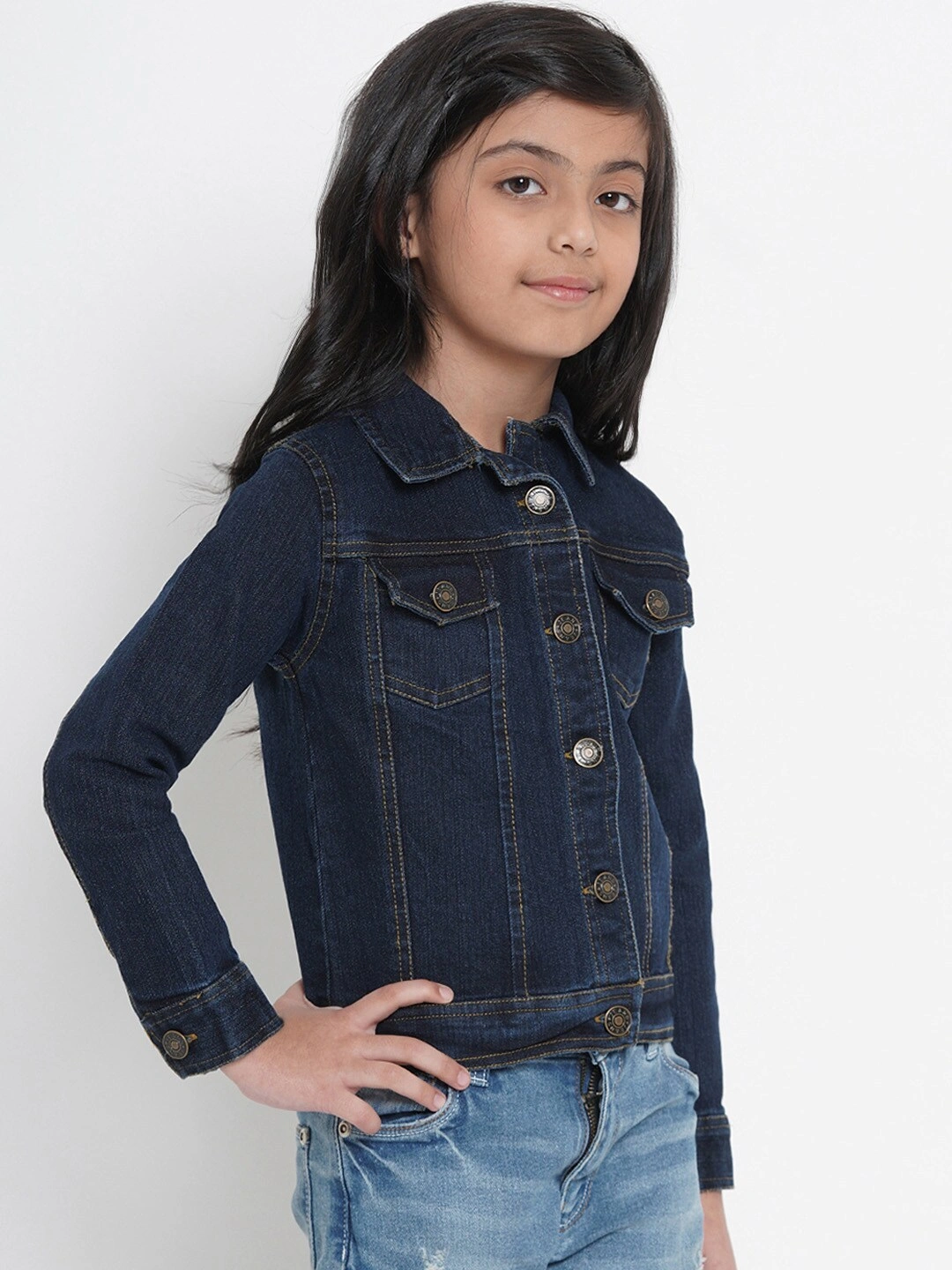 Bitiya by Bhama Girls Navy Blue Solid Denim Jacket-3-4Y-2